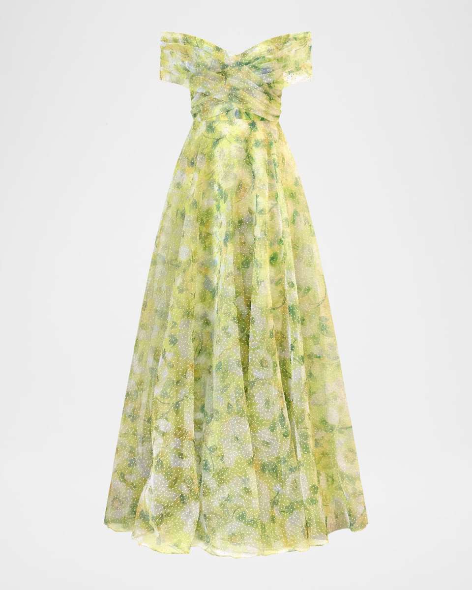 Ryan Pleated Off-Shoulder Organza Gown